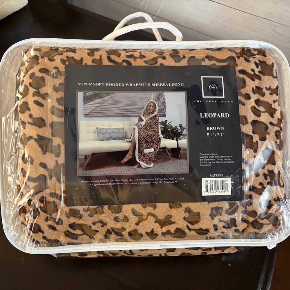 Hooded wrap sherpa blanket leopard print brown 51” x 71” by Chic Home Designs NY